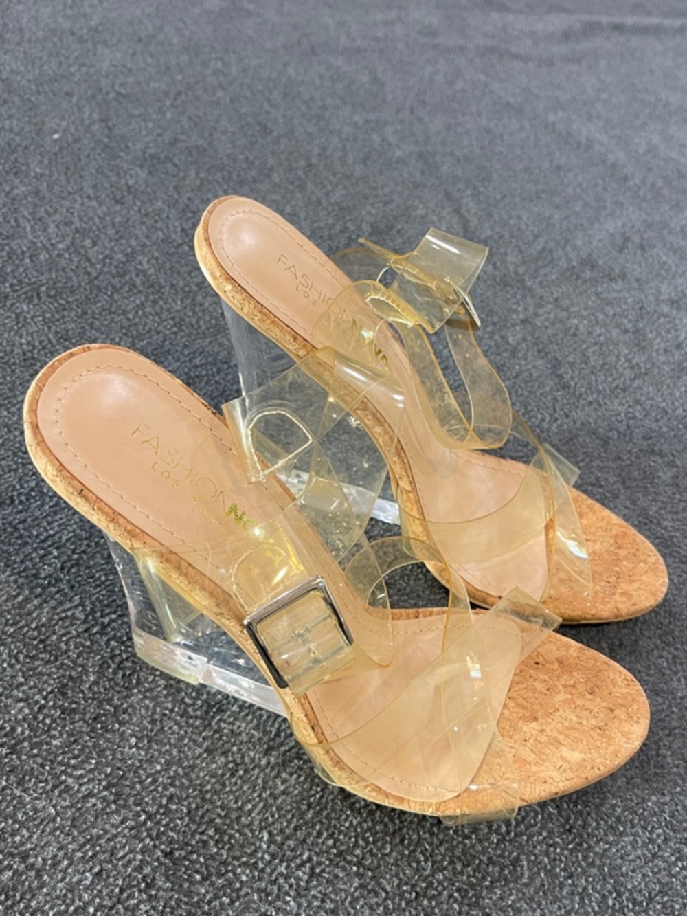Fashion Nova Clear PVC Cork Wedge Sandals